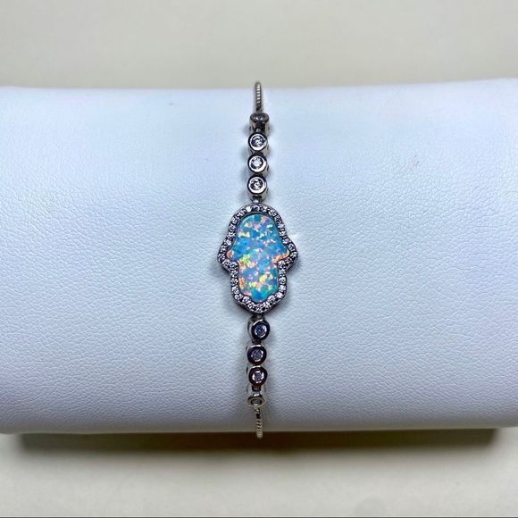 HAMSA 🪬 EVIL EYE 🧿 STERLING PLATED SLIDE CHAIN BRACELETS CZS FIRE OPAL CZS NWT - Picture 6 of 9